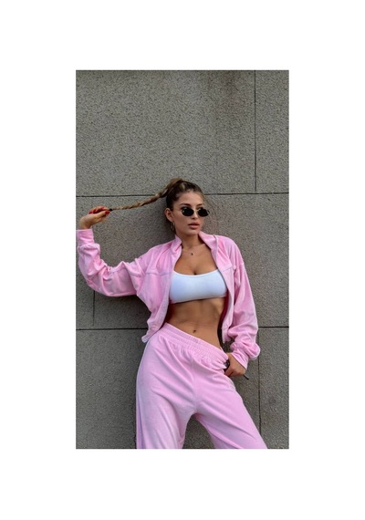 Mayrem Kadın Biyeli Oversize Kadife Eşofman Takım Pembe