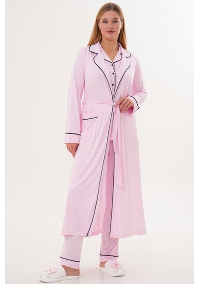 Mecit Pijama Mecit 6333 Pembe Kadın Sabahlıklı Boydan Düğmeli Pijama Takımı Pembe