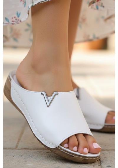 Napa Shoes Hakiki Deri Yumuşak Taban Rahat Günlük Kadın Terlik Napa-211 Beyaz