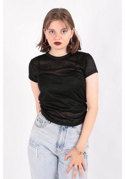 Busem S0016230 Kadın Flamlı İnce T-shirt Siyah