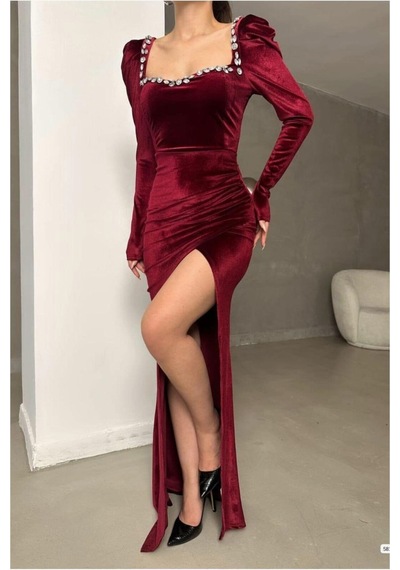 Lior Design Kadın Trend Tasarım Kare Yaka Taş Detaylı Uzun Kollu Abiye Elbise Bordo