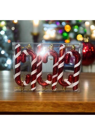 Vıp Deluxe 6 Adet Baston Süs 13 Cm Parlak Simli Kırmızı Yılbaşı Ağacı Süsleri Noel Ağacı Süsleri