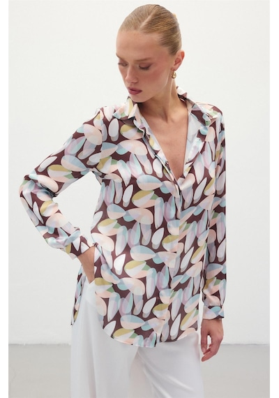 Sateen Desenli Uzun Gömlek - Kahve-136126 Kahve