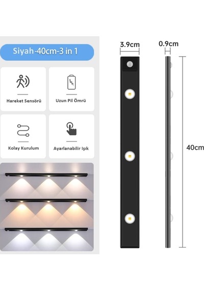 Şarjlı 3 Farklı Işık Renkli Dimmerli 40cm Siyah Ultra Slim Kabin Led Çok Renkli