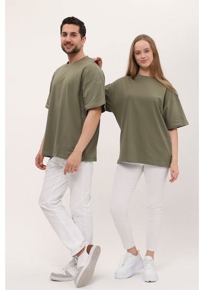 Unisex Haki Oversize Bol Kalıp T-shirt Çift Kombini Açık Haki