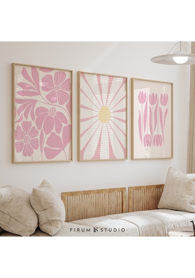 Pastel Pembe Soyut Çiçekli 3'lü Sanat Seti