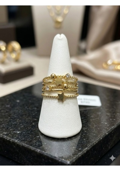 5'li Gold Renk Yıldızlı Ve Zirkon Taşlı Burgu Eklem Yüzüğü Seti Altın