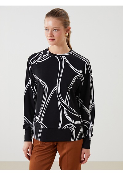 Lcwaıkıkı Classic Siyah Bisiklet Yaka Desenli Oversize Kadın Sweatshirt