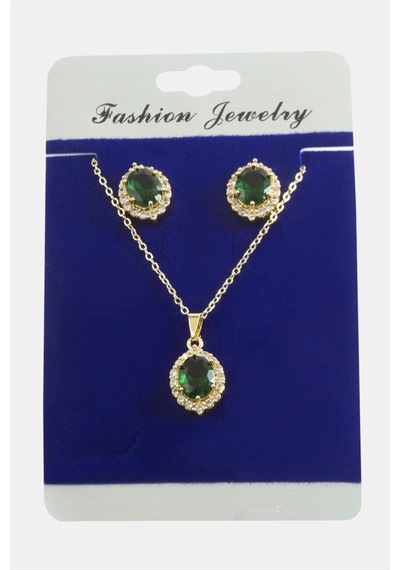 Oval Zirkon Taşlı Set Kolye Çok Renkli