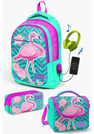 Coral High Kids Su Yeşili Pembe Simli Flamingo Desenli Usb'li 3 Lü Okul Çanta Seti Set0123411
