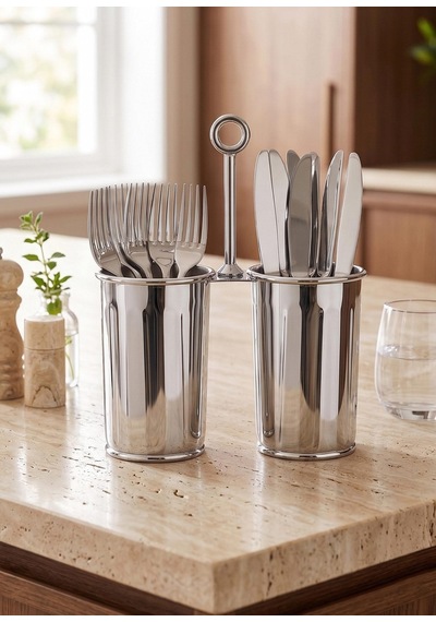 The Mia Krom Çift Bölmeli Kulplu Galvaniz Sunumluk 25 Cm Gümüş