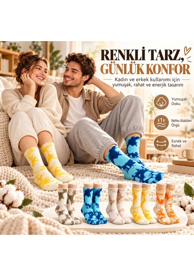 Bezos Unisex Batik Desenli Çorap 5'li Set Pamuklu Renkli Uzun Soket Dikişsiz Nefes Alan Günlük Spor Çorabı 22 Çok  Renkli