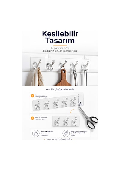 Yapışkanlı 5 Kancalı Askı Şeffaf Duvar Organizer Banyo Mutfak Çoklu Askı Aparatı Diğer