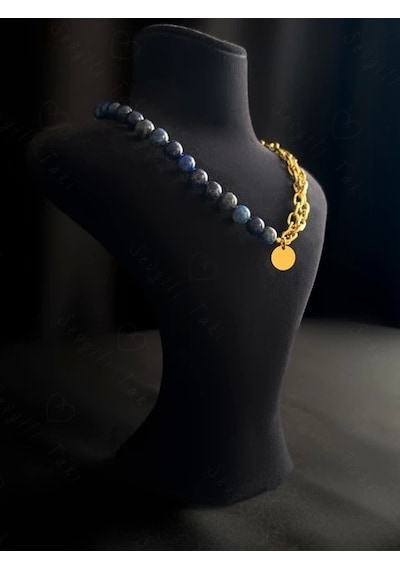 Lapis Lazuli Doğal Taş Kabartma Zincirli Gold Çelik Kolye Altın