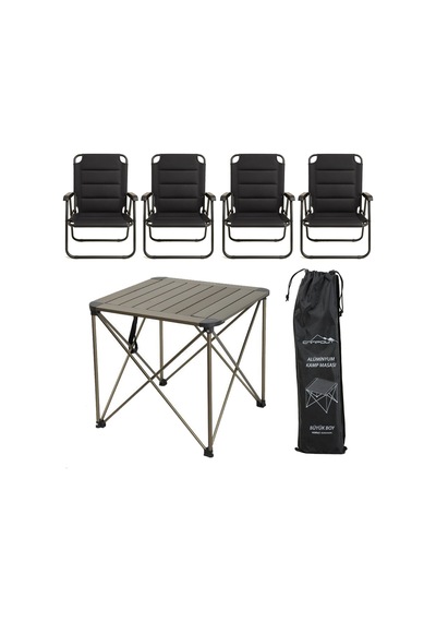 Yekoutdoor Katlanabilir Büyük Alüminyum Kamp Masası Ve 4 Kişilik Konforlu Kamp Sandalyesi Seti Siyah
