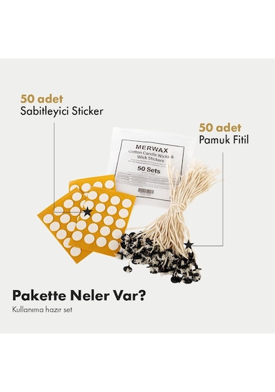 Tr 50'li Mum Fitili Seti %100 Pamuk, İs Yapmayan, Stickerlı Hazır Mum Fitilleri Diğer