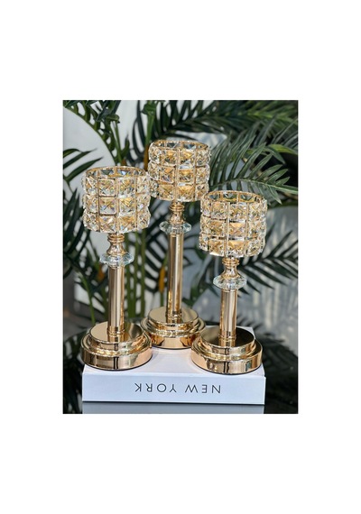 Kristal Kesim Taşlı 3'lü Lüks Şamdan Seti Gold Sarı - 701281072 Sarı - 701281072 Sarı
