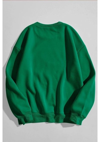 Los Angeles Yazı Tasarım Sweatshirt - Nefti Yeşil Baskılı Oversize Kalın Kışlık Bisiklet Yaka Nefti Yeşil