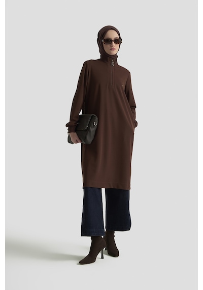 Armine Trend Yarım Fermuarlı Dik Yaka Uzun Kollu Rahat Kesim Basic Uzun Tunik 107 Cm Boy Kahverengi 26kt456