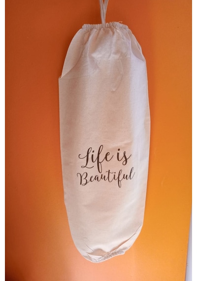 Emtory Home Life Is Beautiful Baskılı Çift Lastikli Naturel Keten Poşetlik