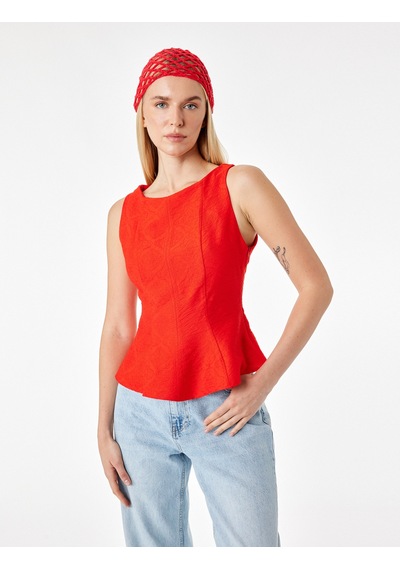 Koton Viskon Kumaş Floral Dokulu Kolsuz Bisiklet Yaka Peplum Bluz Kırmızı 6sak30097pw