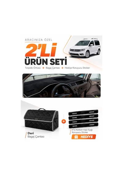 Volkswagen Caddy 2015-2019 Uyumlu Torpido Örtüsü + Deri Bagaj Çantası + Sticker Seti - Siyah Gri
