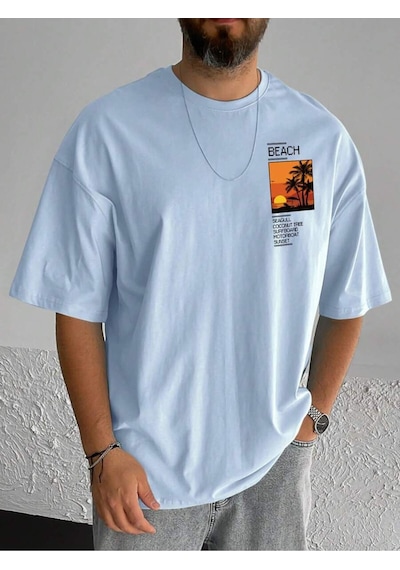 T-shirt - Beach Baskılı Oversize Bisiklet Yaka Kısa Kol Tişört Bebe Mavisi