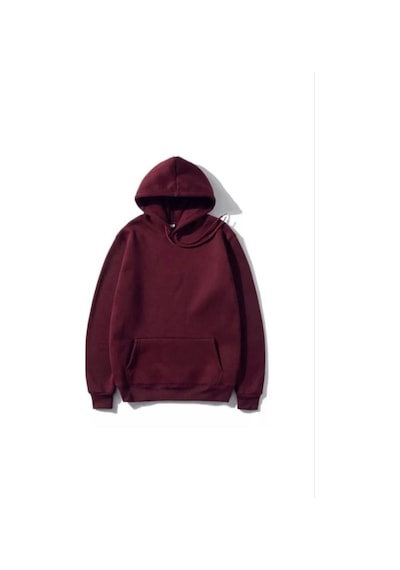 Kadın 3 İplik Pamuklu Kapüşonlu Kanguru Cepli Düz Hoodie Sweatshirt - Bordo