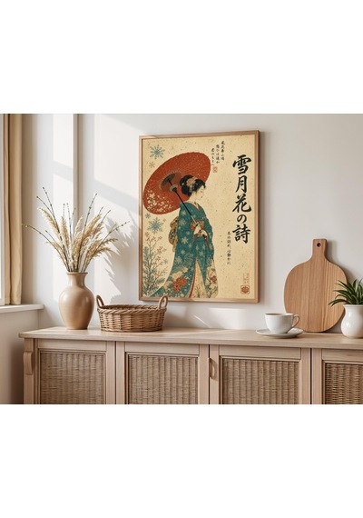 Japon Geyşa Posteri, Turkuaz Kimono, Kırmızı Şemsiye Sahnesi, Geleneksel Ahşap Baskı Tarzı Sanat Eseri