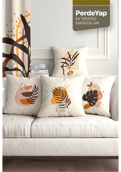 Bohem Duvar Tabloları Yapraklar Desenli 4lü Dijital Baskılı Kırlent Kılıfı 43 X 43 Cm Krem 044 Krem-hardal