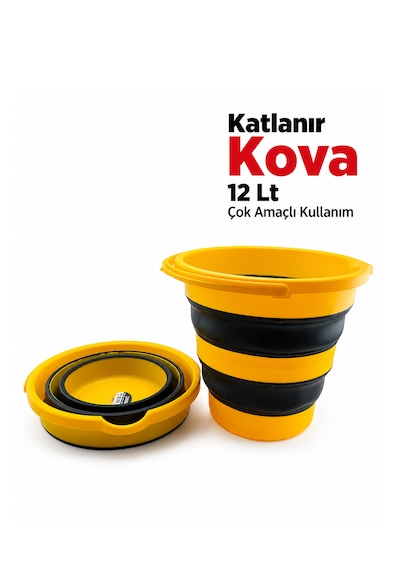 Katlanabilir Silikon Kova - Taşınabilir Su Kamp Piknik Temizlik Kovası 12 Lt Sarı - Siyah
