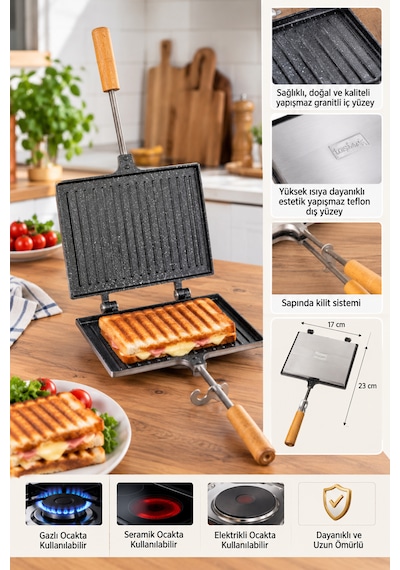 Porsima Çift Taraflı Ocak Üstü Tost Makinesi 17x23 Cm Granit İç Yüzeyli Ahşap Saplı Klasik Tost Tavası Teflon