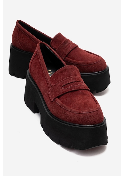 Luvishoes Santıa Bordo Süet Kadın Kalın Tabanlı Loafer Ayakkabı Bordo