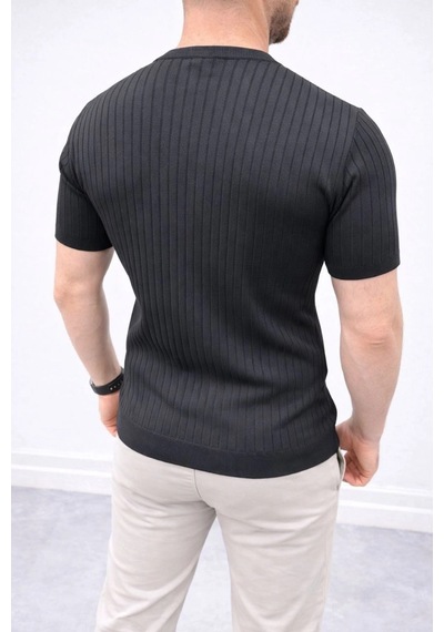 Erkek Kısa Kol Fitilli Triko T-shirt Yazlık Hakim Yaka Tişört - Siyah Çok Renkli