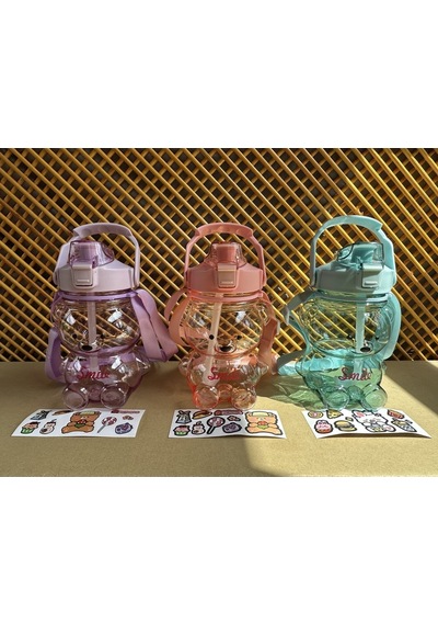 Ayıcıklı Matara 1000 Ml, Su, İçecek Matarası, Suluk, Okul, Ofis, Seyahat, Bpa İçermez Mor Plastik Diğer