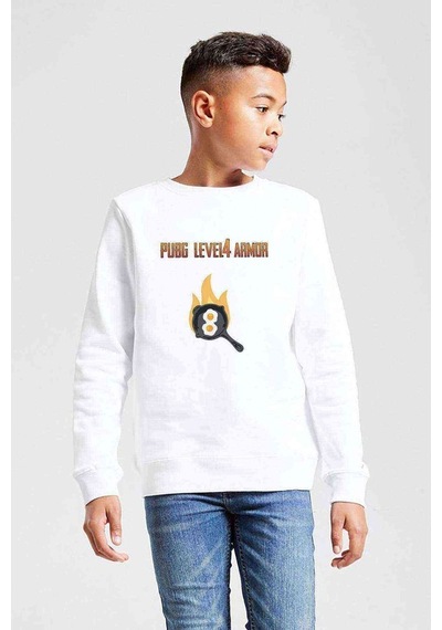 Tshirthane Pubg Lvl4 Armor Baskılı Unisex Çocuk Beyaz Sweatshirt Beyaz