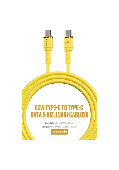 Azeada Linshion Serisi 60w Type-c To Type-c Hızlı Şarj Ve Data Kablosu 1m Sarı Az-b07as Sarı - Silikonlu, Type-c To Type-c