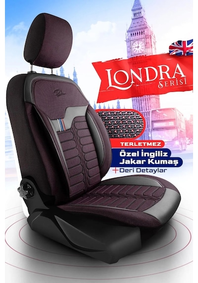 Bordo - Siyah Panda Londra Serisi İngiliz Jakar Kumaş Oto Koltuk Kılıfı - Tam Set