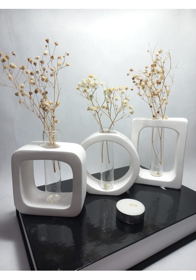 Modern Sanat Esintili, Dikdörtgen-kare-yuvarlak Formlu, Cam Tüplü Dekoratif 3'lü Vazo Set Beyaz