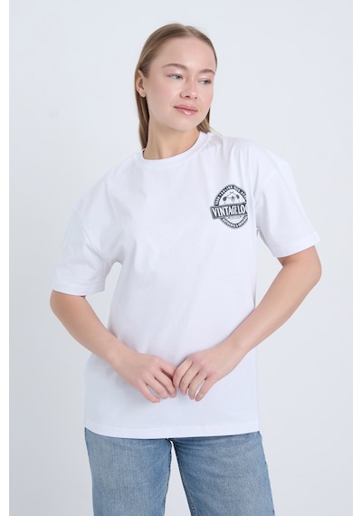 Kadın Oversize Baskılı T-shirt Beyaz Vintage Logo Beyaz