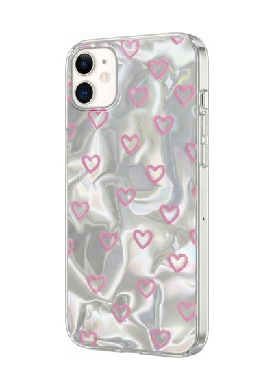 Apple İphone 12 Uyumlu Kılıf Zebana Pink Heart Silikon Kılıf Pembe