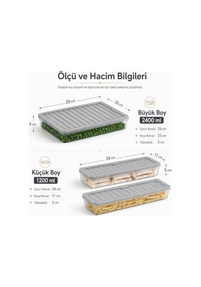 Derin Dondurucu 3 Parça Plastik Saklama Kabı Seti, 4800ml, Buzluk Düzenleyici Şeffaf Kap, Buzdolabı Gıda Erzak Kapaklı Depolama Kutusu, 2400ml Ve 1200ml X2 Antrasit, 2400, Mililitre