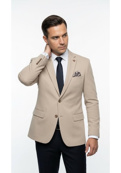 Plus Scorpion Erkek Slim Fit Ceket Likralı Fitilli Kumaş, Çift Düğmeli Tek Yırtmaçlı Modern Tasarım Vizon