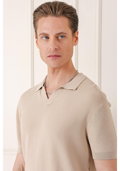 Efor Slim Fit Polo Yaka Kısa Kol %100 Pamuk Bej Triko Tr 868 Bej