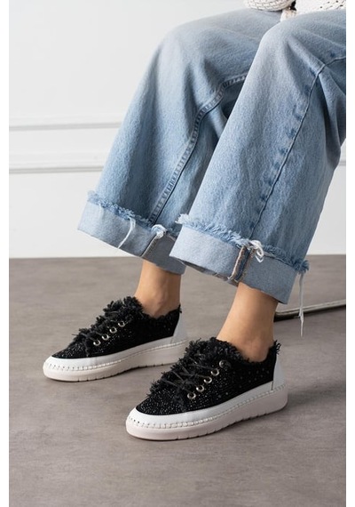 Aria 2410 Kadın Taşlı Kot Sneaker Ayakkabı Siyah Siyah