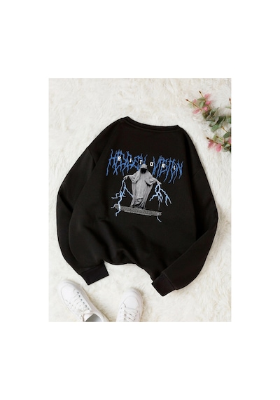 Tarzsokak Ritual Mavi Renkli Oversize Bisiklet Yaka Pamuklu Sweatshirt Siyah