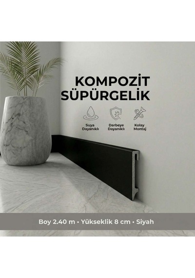Espumo Kompozit Süpürgelik 8 cm Siyah | Suya Dayanıklı Parke Duvar Süpürgelik 2,40 m ESP206