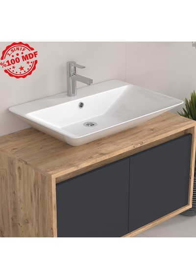 Banos Roomart 2 Kapaklı Lavabolu Ahşap-Antrasit Mdf 85Cm Banyo Antrasit