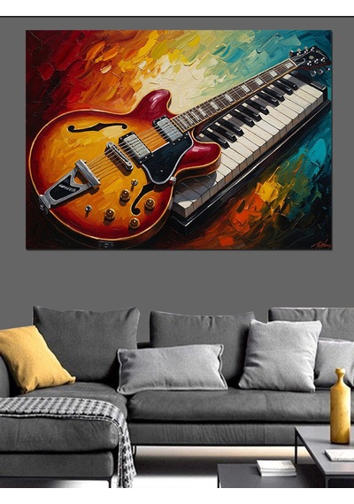 Gitar Ve Piyano Tuşları Kolajı Dekoratif Kanvas - Mdf Ahşap Tablo
