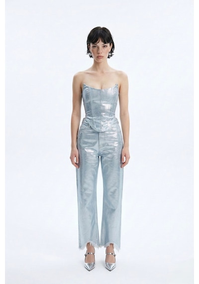 Holly Lolly Özel Yapım Parlak Kaplamalı Glossy Jean Pantolon Mavi